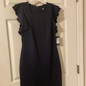 Tommy H navy midi dress with puff sleeves